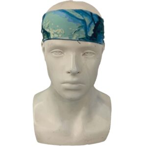 The stone marble full-color printed tie headband is a versatile accessory.  Its vibrant blue, green, and gold design adds a splash of  color to any outfit.